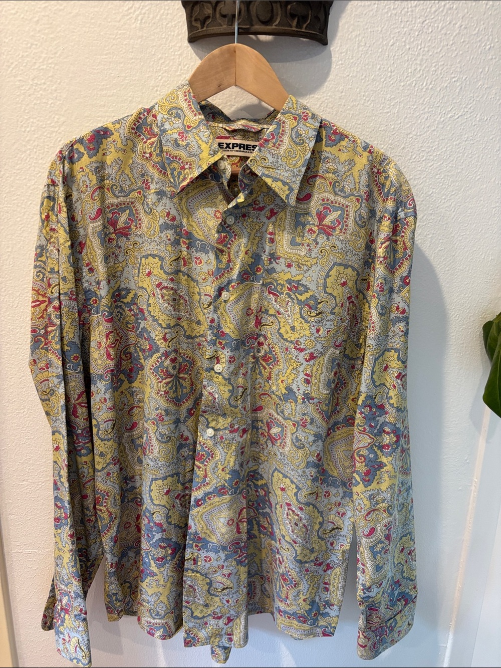 Express Men’s Long Sleeve Paisley Button-Down Shirt - Yellow, Blue, Red